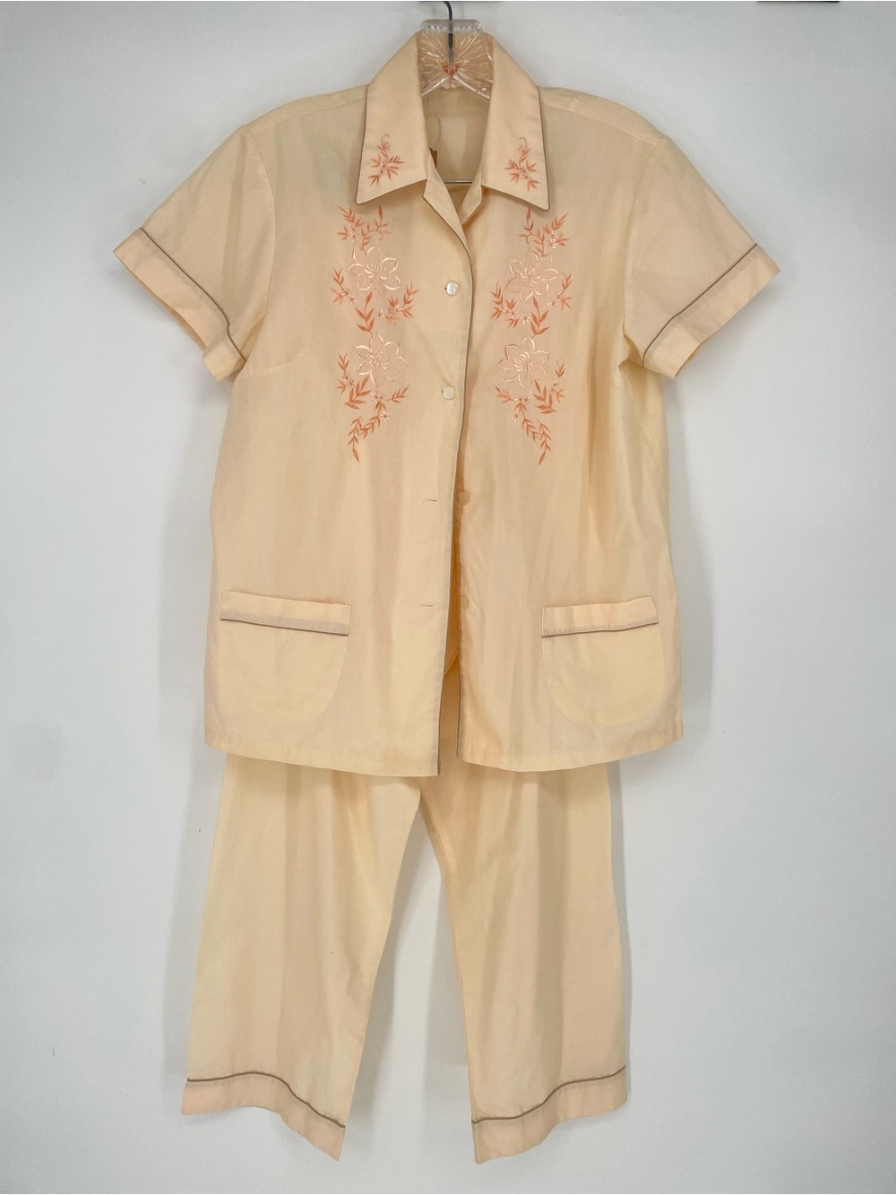 50s 60s Pastel Embroidered Asian Floral Pajama Set Button Down Top & Pants